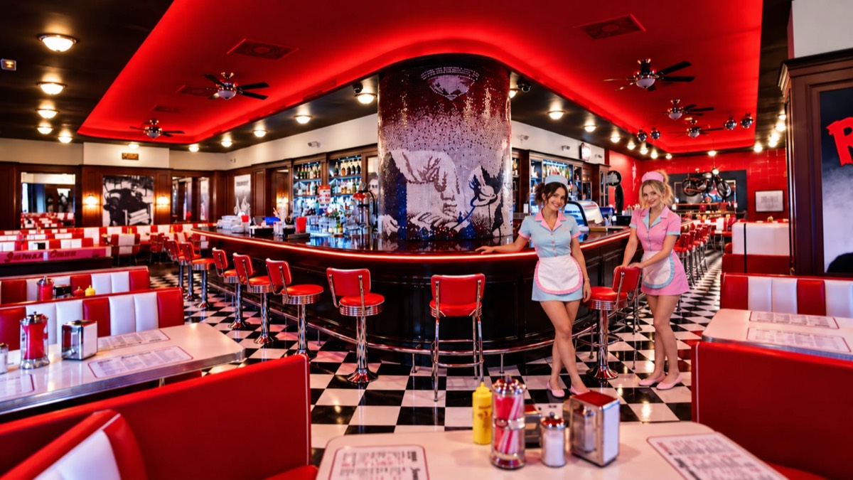 Bar v dineru James Dean Prague s červenými stoličkami a obsluhou